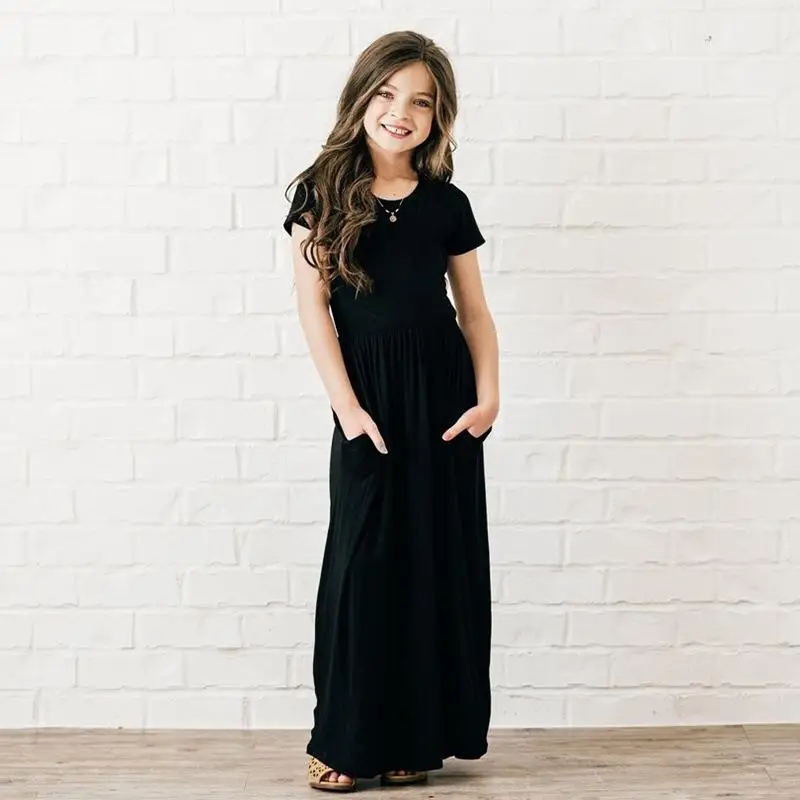 Sommer Mädchen Neue Einfarbig Kurzarm Langes Kleid Strand Party Geburtstag Casual Mode Zeigen Vielseitig A-Line Kleid – Detail 7
