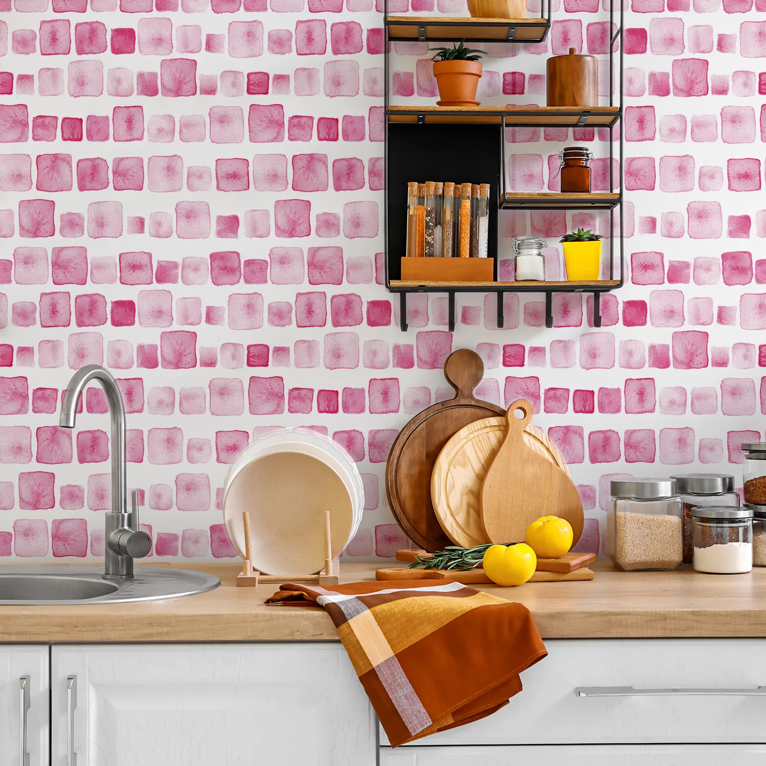 Peel and Stick Pink Square Wallpaper Self-Adhesive Removable Home Wallpaper Girl Bedroom Wall Decor Contact Paper