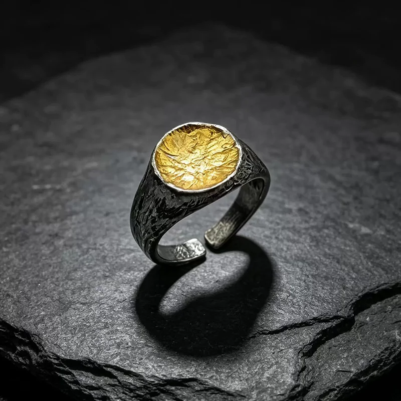 Thai Silver Vintage Texture Ring for Men with Adjustable Hammer Pattern Gold Color Bowl Rings Punk Style Finger Jewelry KOFSAC