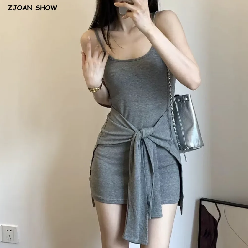 2024 Sexy False 2 pieces Patchwork Tie Bow Sashes Waist Jersey Sling Dress Women O neck Package hips Mini Robe Vestidos 3 Colors