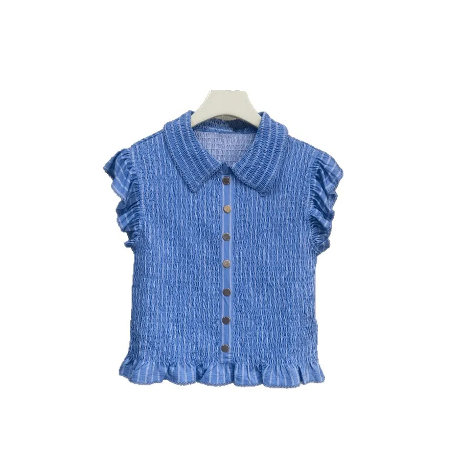 

All-match Short Top Sweet Doll Collar Condensed Slim Fit Ruffled Metal Buckle Decoration Playful 25 Spring and Summer New Style