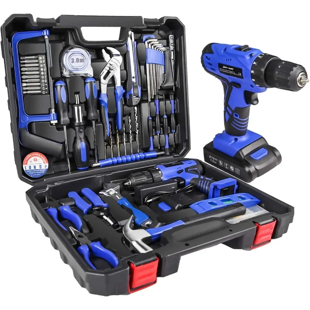 21V Tool Set with Drill, 350 in-lb Torque, 0-1350RMP Variable Speed, 10MM 3/8'' Keyless Chuck, 18+1 Clutch, 1.5Ah Li-Ion Battery