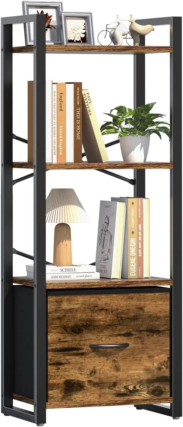 

Yoobure Bookshelf, 4 Tier Book Shelf with Drawer,Small Bookcase Narrow Book Case,Industrial Bookshelves Shelf for Bedroom Living