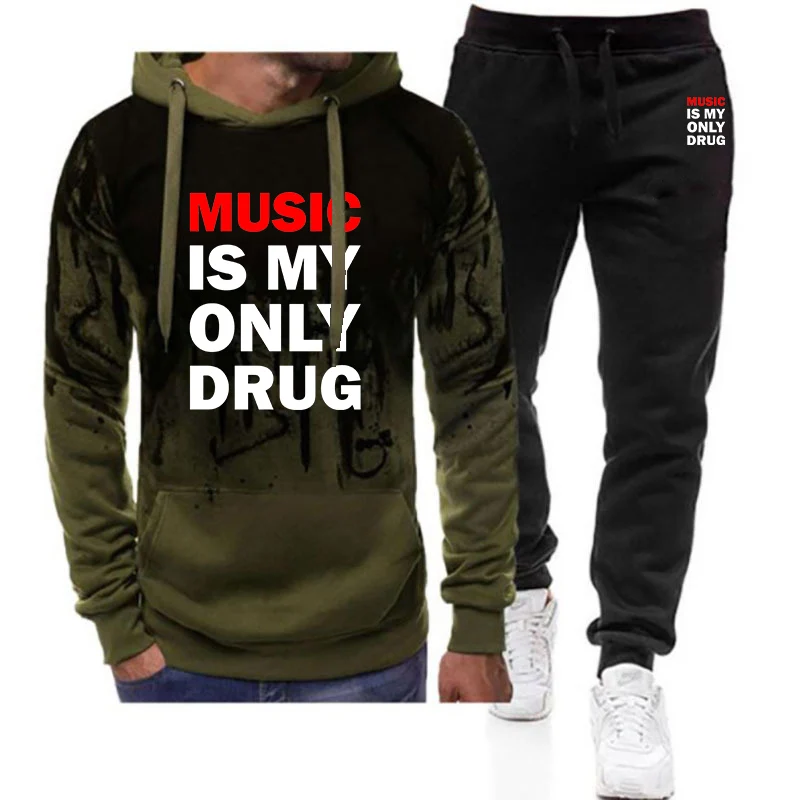 2025 Music is My Only Drug Spring And Autumn Man's High Street Popular Gradient Color Hoodies+Leisure Pants Suit