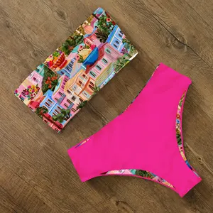 Women's Floral Stamping Bikini Set, Low -Height Sexy Beach Fashion, Women's Bandeau, Strip Swimsuit, Bathroom, Beach Fashion, New, 2022 12 Main Sales Bikini Flower - №3