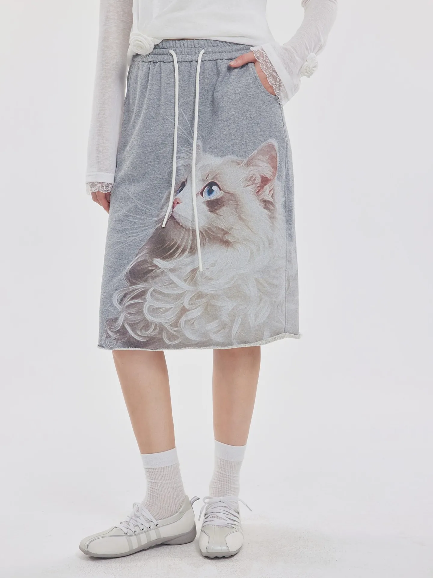 

OoofYang 3D f Skirt Mid-Length Sweatirt Dr Elastic Waist Ba Split A-Line Skirt Casual High Waist Cotton Print