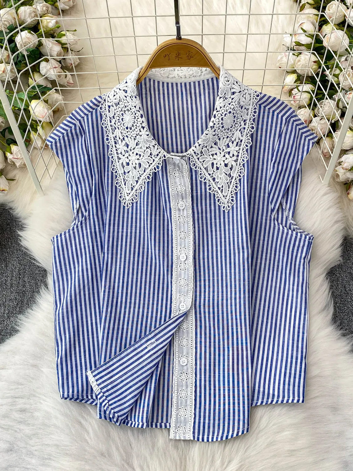 

Кружевной Svel irt, женский летний новый свободный утягивающий топ в полоску против морщин, корейский Sle Commute Faion