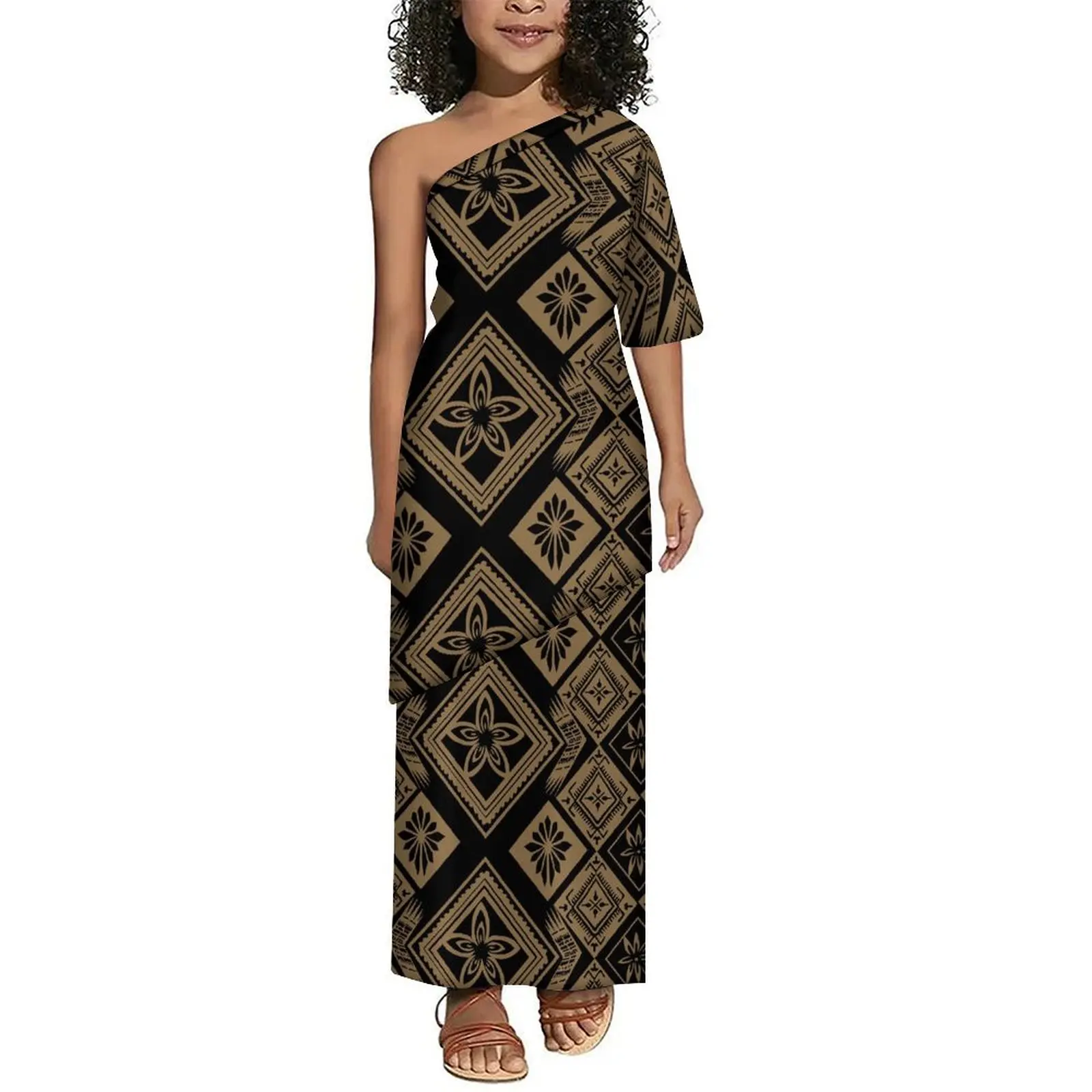 Puletasi Double Suit Dress One-Shoulder Sloping Neck Mid-Sleeve Top With Casual Maxi Skirt Custom Polynesian Children'S Dress