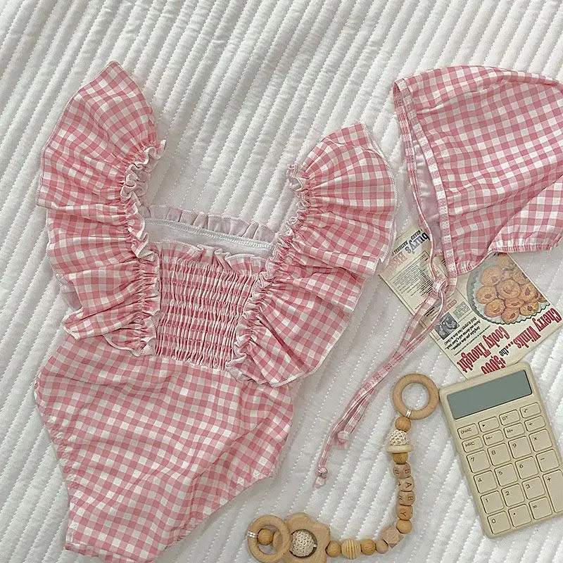 Girls Pink Plaid Square Collar Bathing Suit Summer Kids Swimsuit Short Flare Sleeves One Piece Swimwear Child Beach Clothes H225