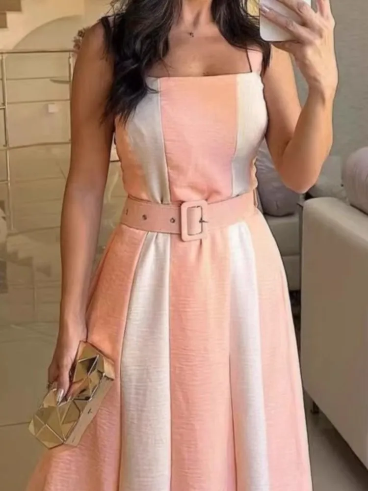 

Elegant Square Collar Suspender Dress For Women Summer Fashion Color Block Printing Belt Casual Retro Slim Dresses Female