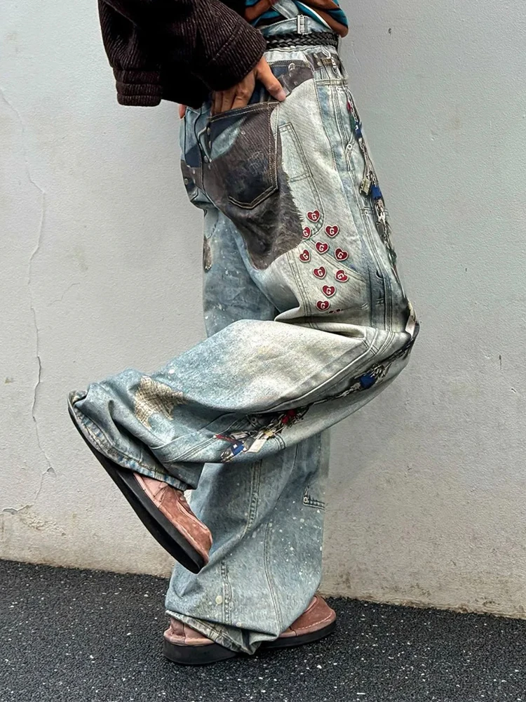 

Ailz Project Vibe Faded Wide Leg Denim Jeans Digital Print Heart Key Chain Multi-ket Casual Loose Fit Jeans for Youth