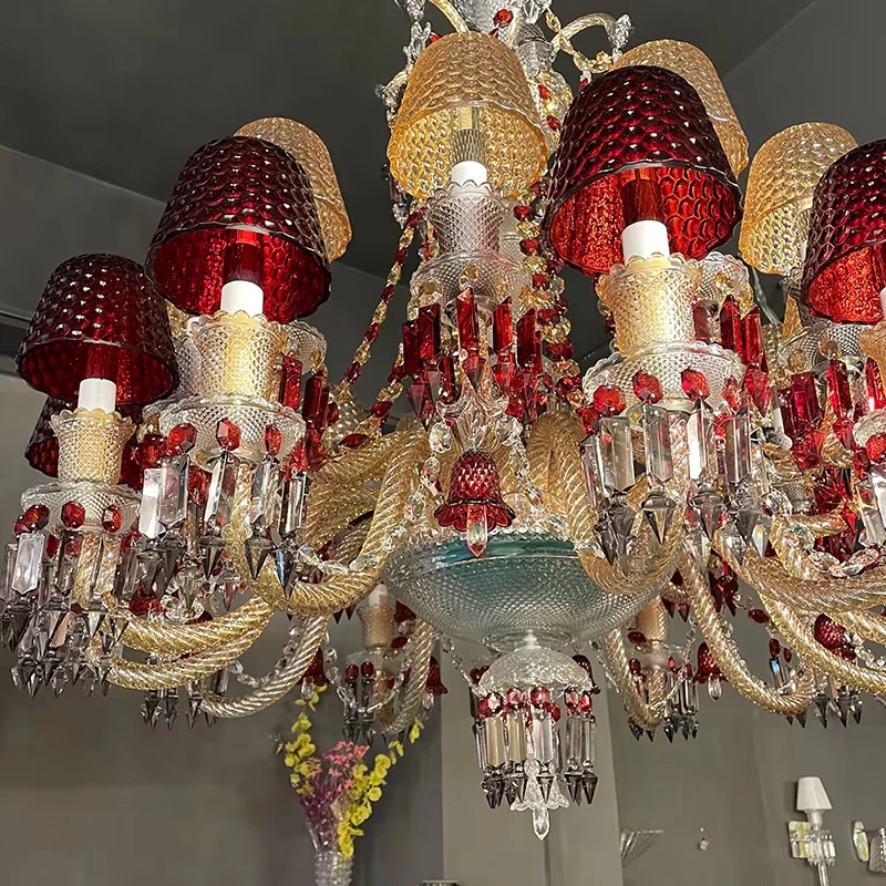 Postmodern Design Style Metal Indoor Hotel Cafe Ceiling Atmosphere Decoration Red Retro Style Crystal Chandelier Pendant Lights