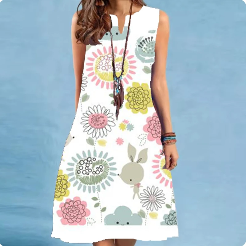 Nuevo vestido de verano para mujer, pintura al óleo, estampado floral, patrones, cuello en V, sin mangas, tocado, vestidos de fiesta hasta la rodilla para mujer