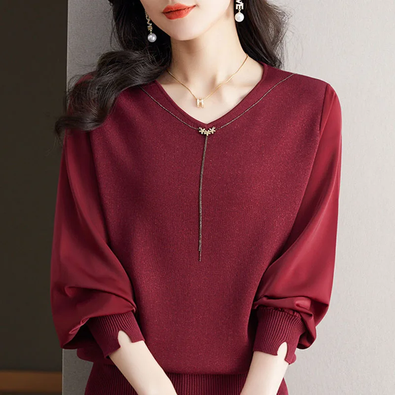 Winter Casual Long Sleeve V-Neck Knit Sweater Women Pullovers Wine Red Knitted Sweater Pullover Women Tops Sueter Feminino M28