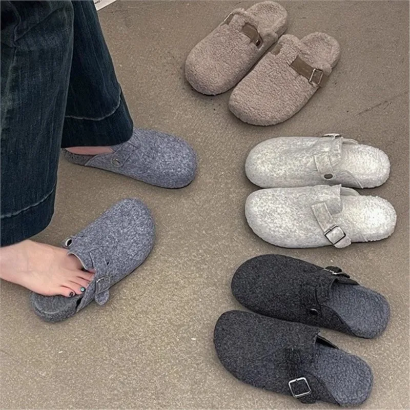 كريستار المرأة الشتاء البغل النعال موضة الفراء اصطف الجلد المدبوغ قباقيب أحذية قطنية مع مشبك قابل للتعديل سيدة نعال مسطحة عادية #5