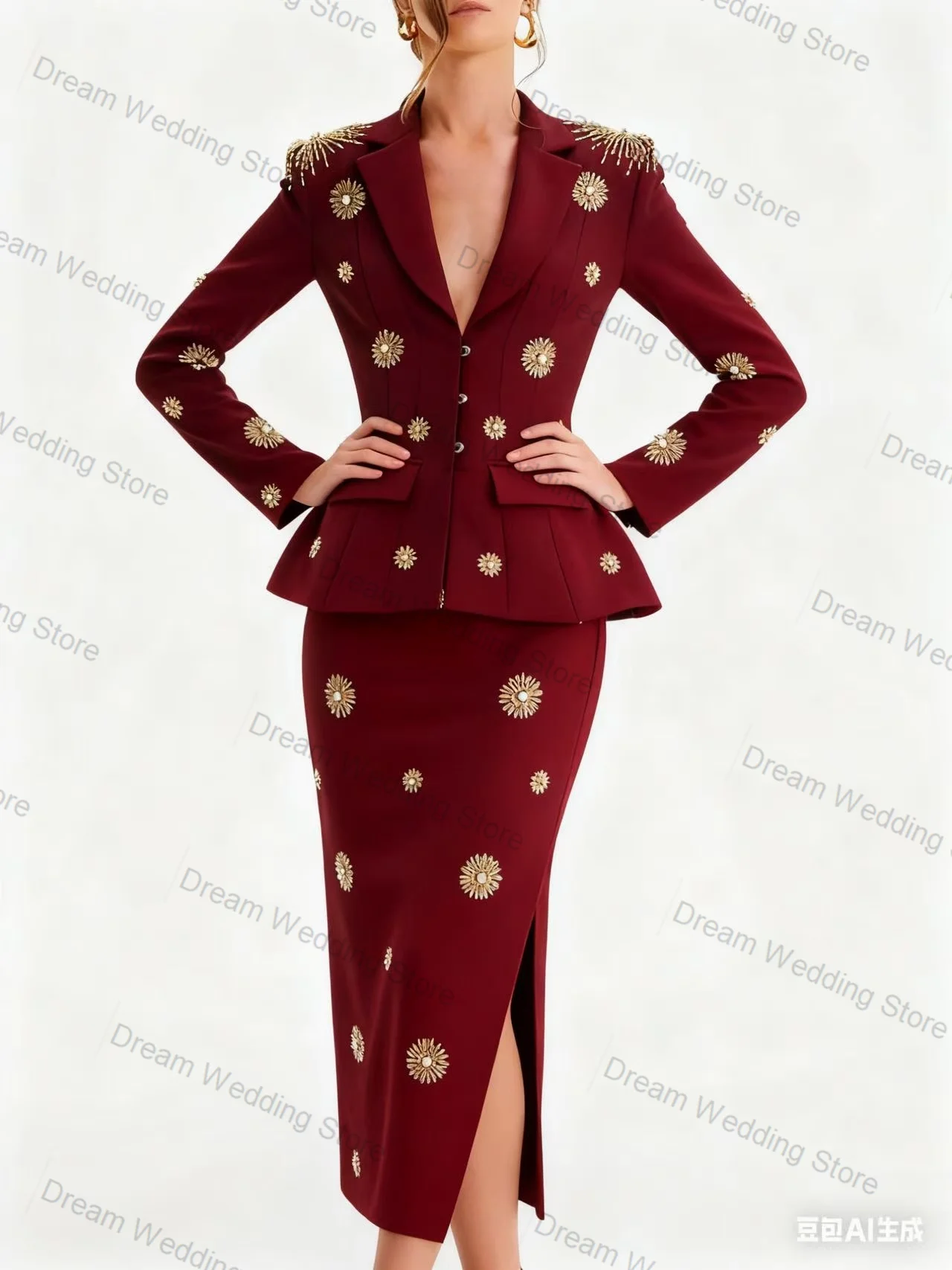 المرأة البدلة تنورة مجموعة 2 قطعة السترة فستان حفلة موسيقية بلورات فاخرة مكتب رسمي سترة حريمي مخصصة ضيف حفل زفاف معطف #2