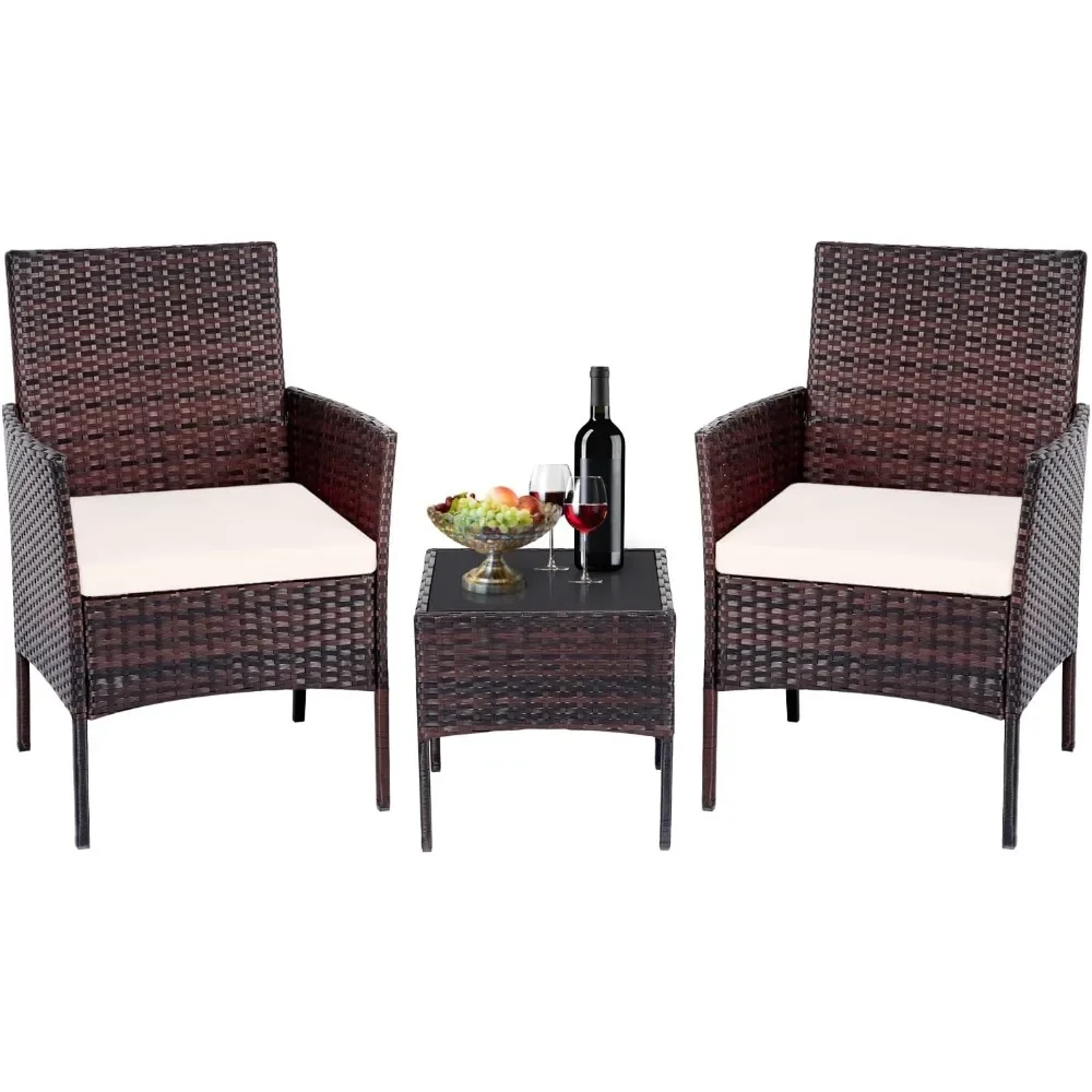 Patio Set 3 Piece Outdoor Rattan Porch Furniture with Tempered Glass Side Table & Cushion All Weather Conversation Bistro Set