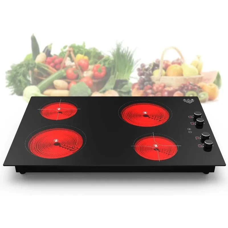 4 Burner Electric Cooktop,7200W Built-in & Countertop 4 Burner Electric Stove Top with 9 Power Levels