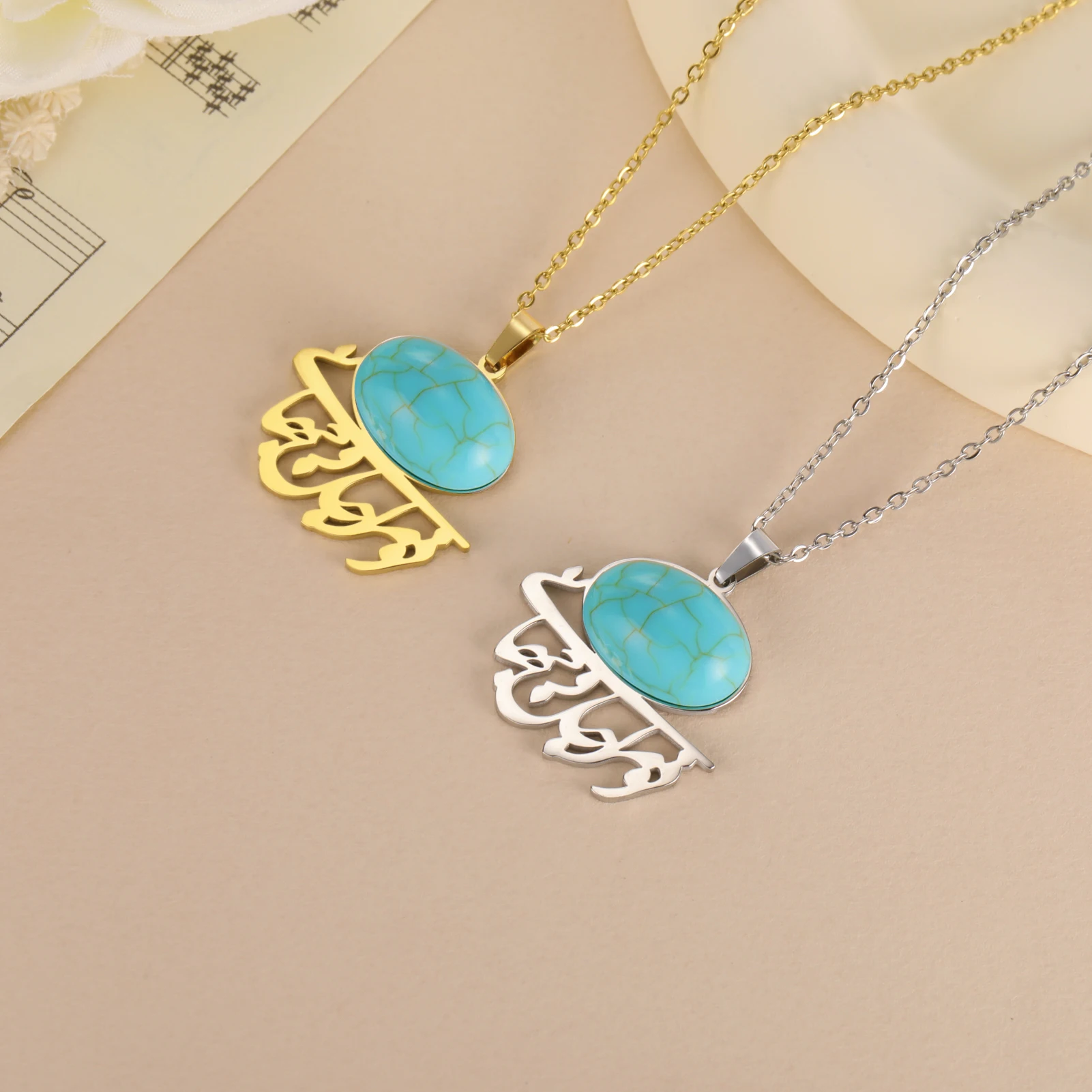 Amaxer Vintage Turquoise Color Stone Nordic Rune Viking Fear Shield Pendant For Women Blue Choker Christmas Valentine's Day Gift