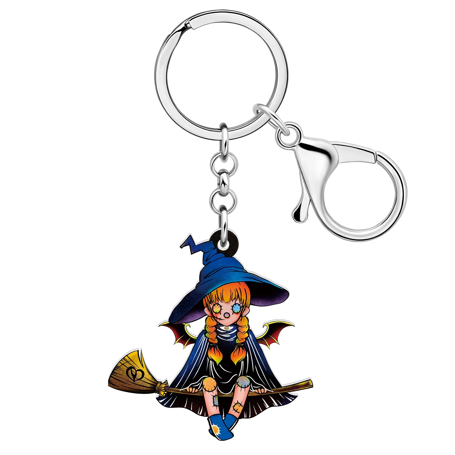 BONSNY Acrylic Halloween Magic Witch Doll Broomstick Keychains Key Ring Purse Car Key Chain Jewelry Gifts For Women Girls Kids