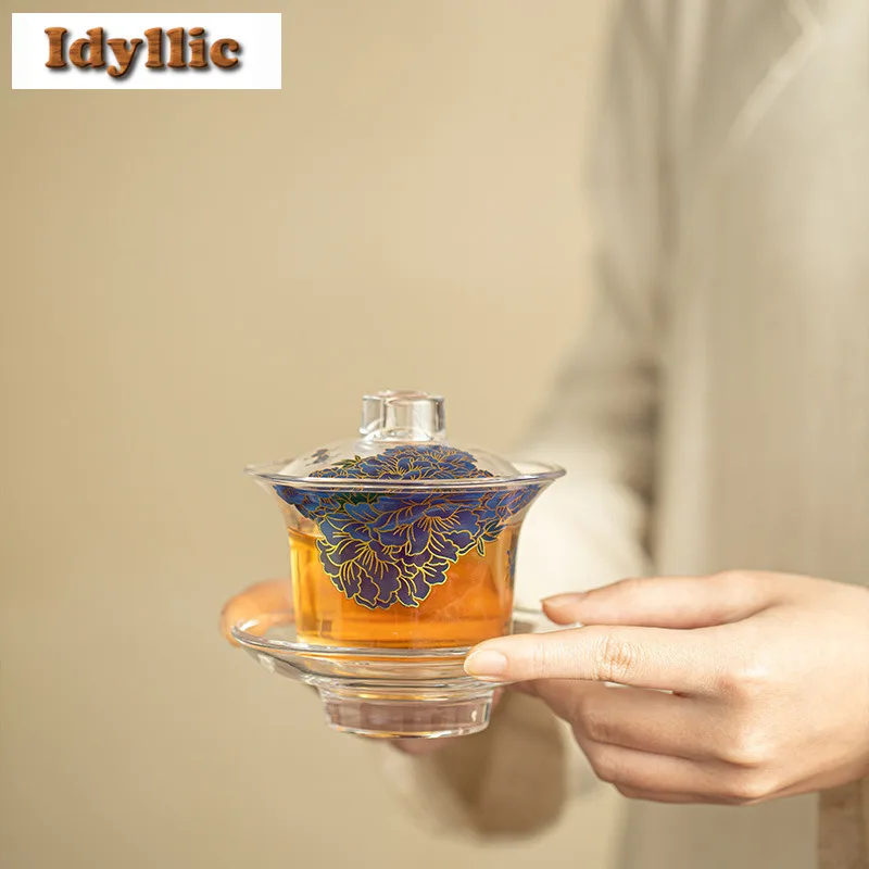 

150ml Thickened Glass Crystal Texture Gaiwan Vintage Tea Tureen Tea Bowl With Lid Kit Tea Brewing Cover Bowl Drinkware Ornaments