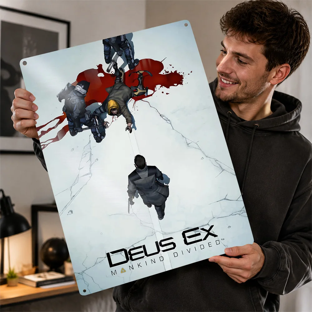 Deus Ex Mankind Divided Aerial Assault Textured Poster Customized Metal Tin Sign Cosmic Mission Style Wall Art Game Room Decor