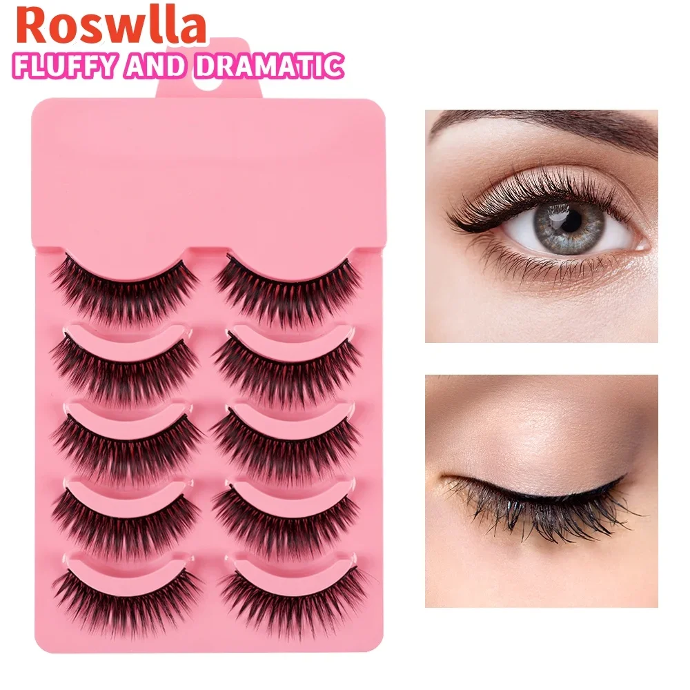 Roswlla 5 Pairs 3D Mink False Eyelashes  Soft Full Thick Wispy Eyelash  Natural long Fluffy False Eyelashes Full Strip Lashes