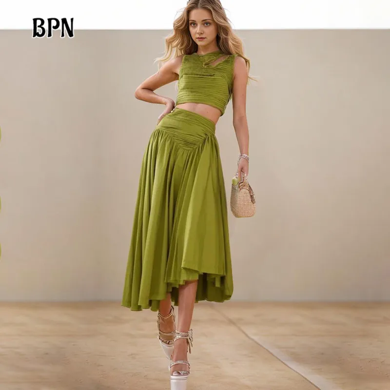 

BPN Elegant Two Piece Sets For Women Round Neck Sleeveless Hollwo Out Tops High Waist A Line Skrits Solid Set Female Fashion New