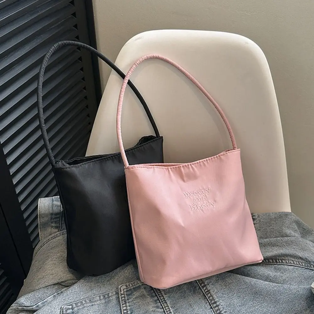 

Korean Style Letter Underarm Bag Tote Bag Handbag Embroidery Shoulder Bag Pure Color Large Capacity Nylon Bucket Bag Women