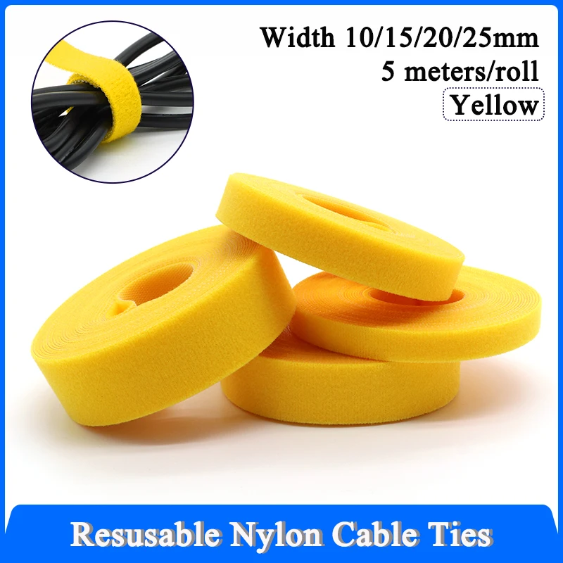 1~20R Yellow Cable Organizer USB Cable 10/15/20/25mm Winder Management Nylon Free Cut Ties 5M/Roll Mouse earphone Hook Loop Tape