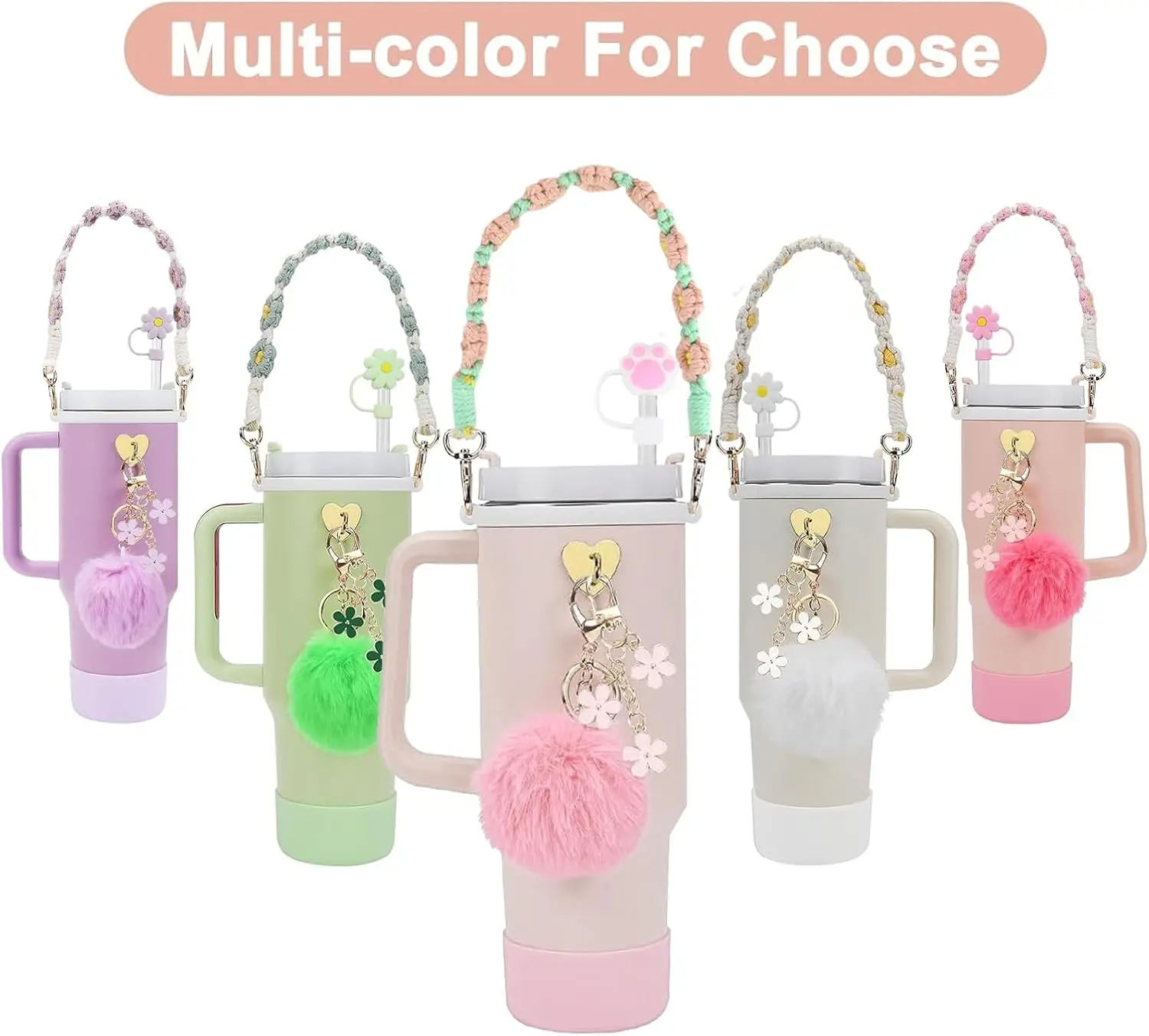 7PCS Cup Accessory Set for Stanley: Handle Strap, Silicone Boot, Straw Cover & Charms for 30oz/40oz Tumbler