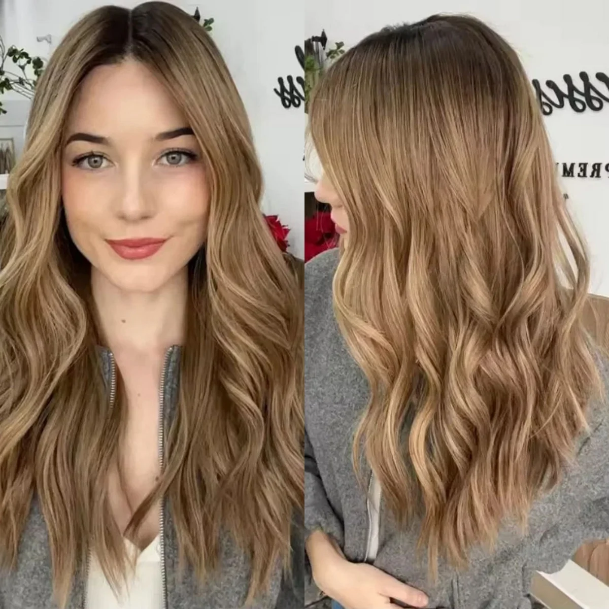 Ombre Warm Brown Balayage Synthetic Lace Frontal Wigs Realistic Look Hairline Glueless Wigs 180% Density Body Wave Wigs Sale 24