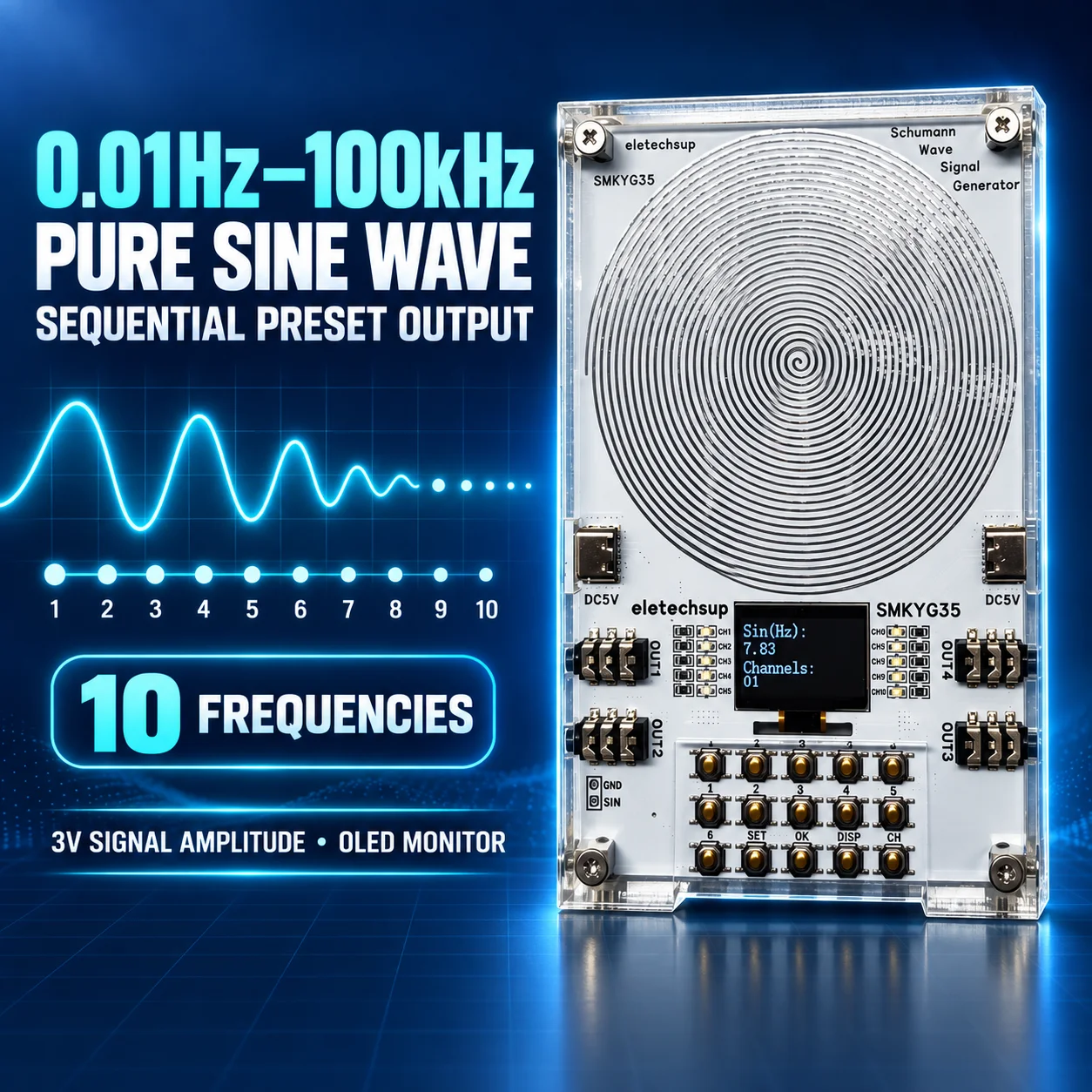10CH Preset Frequency 0.01-100KHZ High-Precision 7.83Hz Resonance Generator Ultra Low FrequencyPure Sine Wave Signal Generator