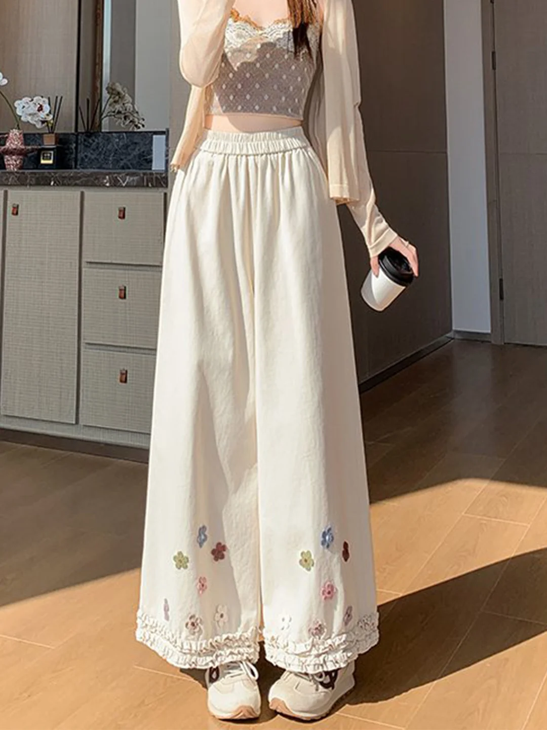 

High Waist Wide Leg Pants Women's Cotton Floral Washed Summer New Style Casual Straight Cut Trousers Casual Plant Floral