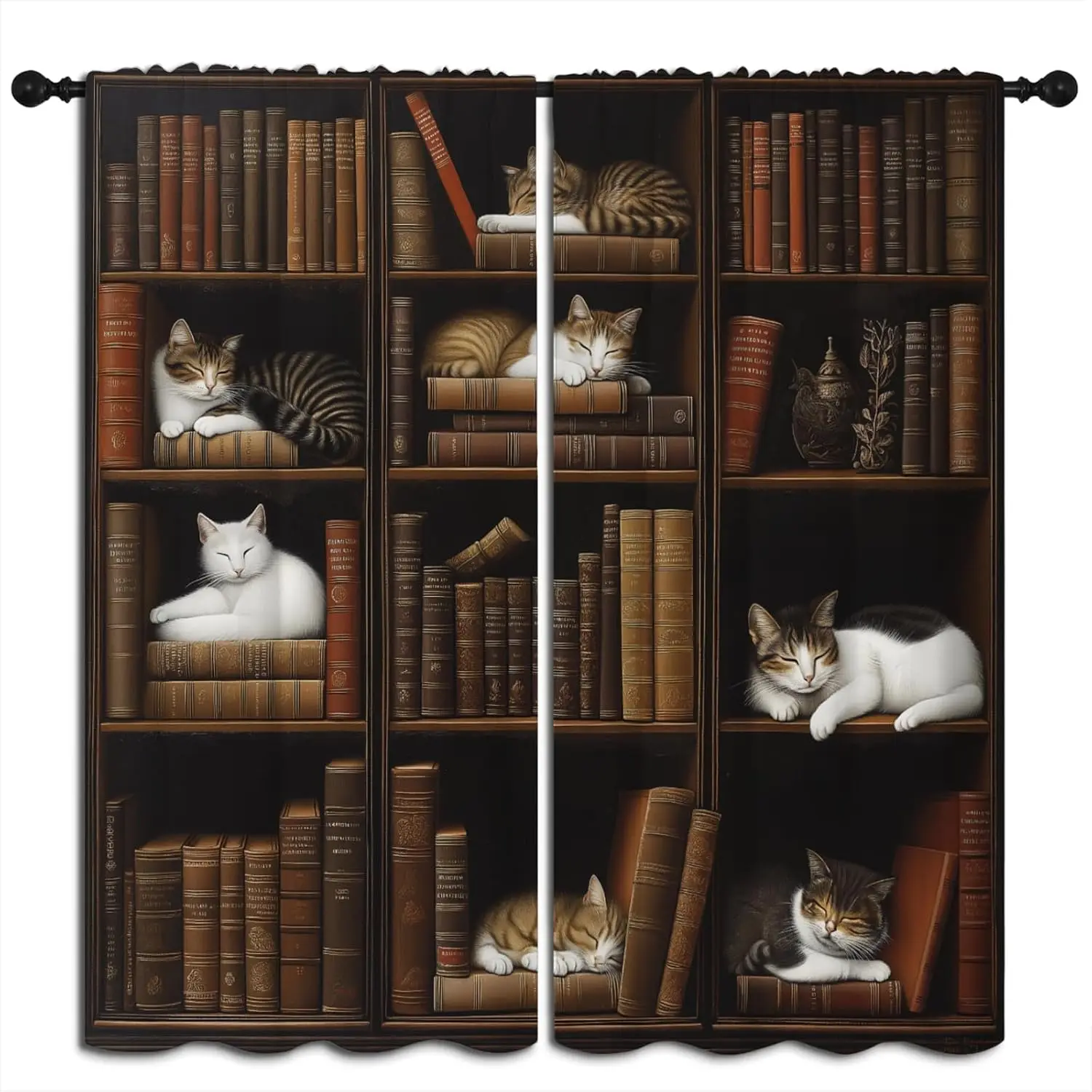 Retro Literary Cat Blackout Curtain Vintage Stacked Book Shelf Print Drape For Library Studio Warm Quiet Bookworm Chic Window