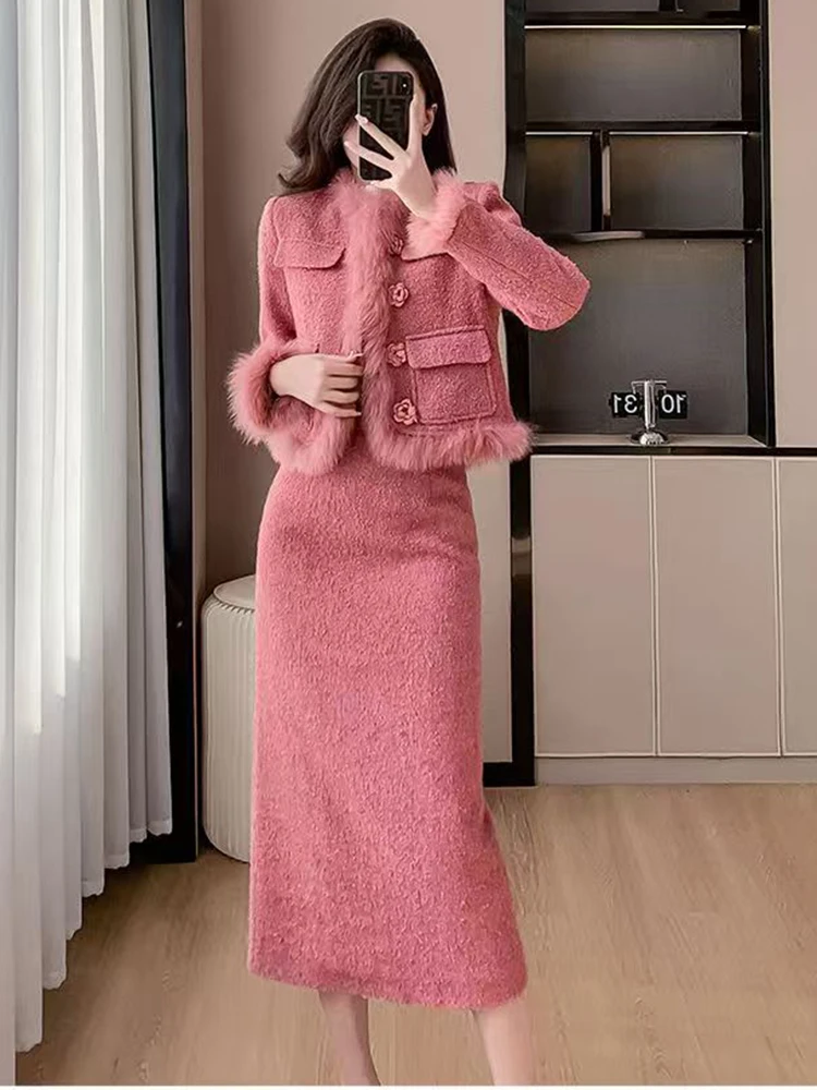 Two Piece Long Fur Skirt Dress Women Single Breasted Woolen Jacket Coat Sheath Dress for Women Elegant Formal 2pc Work Dress