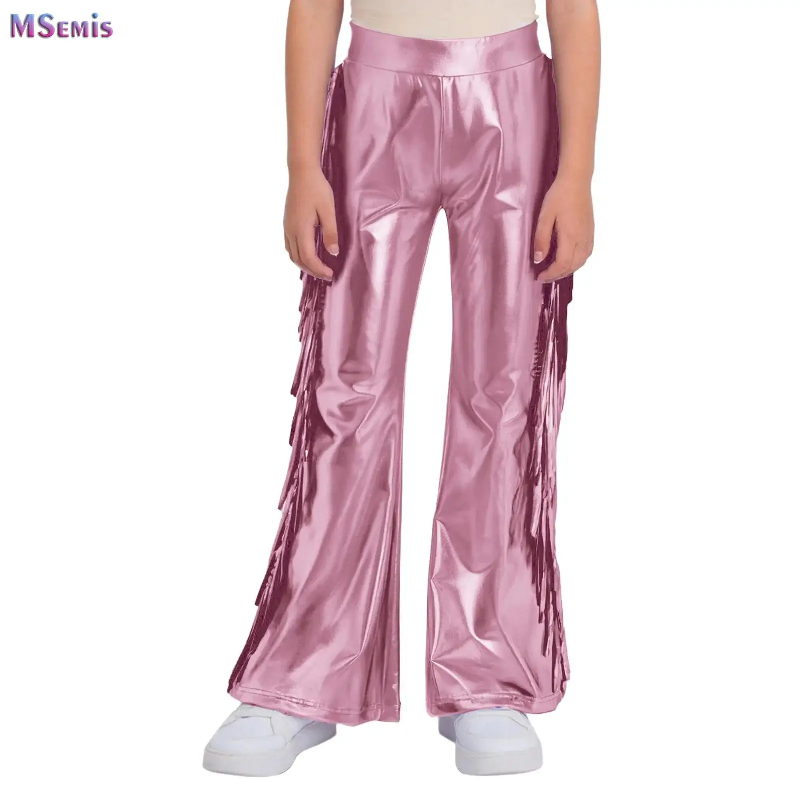

Kids Girls Metallic Flared Pants Tassels Bell-Bottom Pants Trousers 70S Disco Hippie Costume Jazz Stage Performance Dancewear