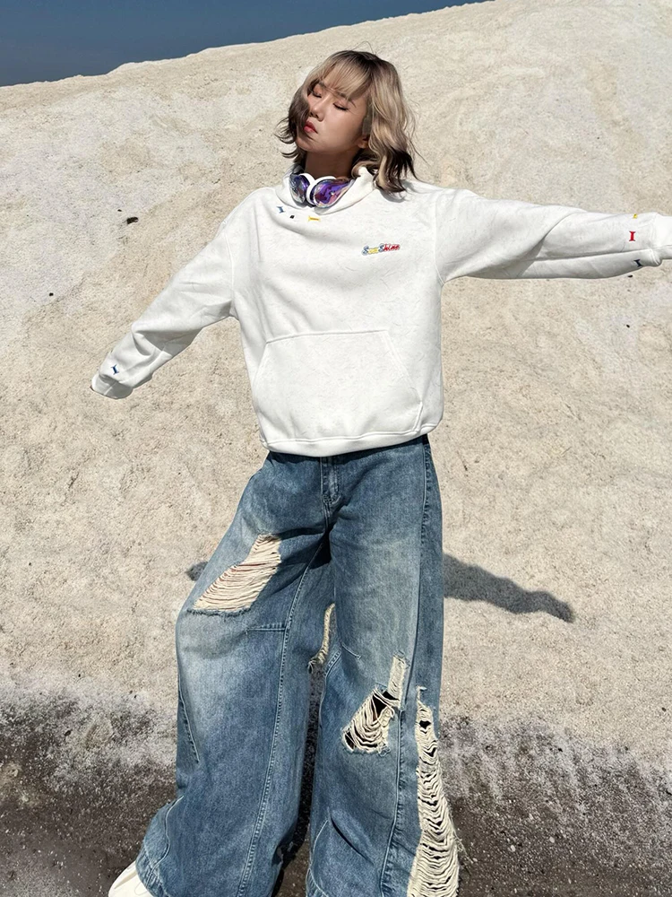 ReddaChic Women Wide Leg Barrel Jeans Distressed Vintage Holes Destroyed Low Waist Wide Leg Pants Hip Hop 90s Skater Streetwear