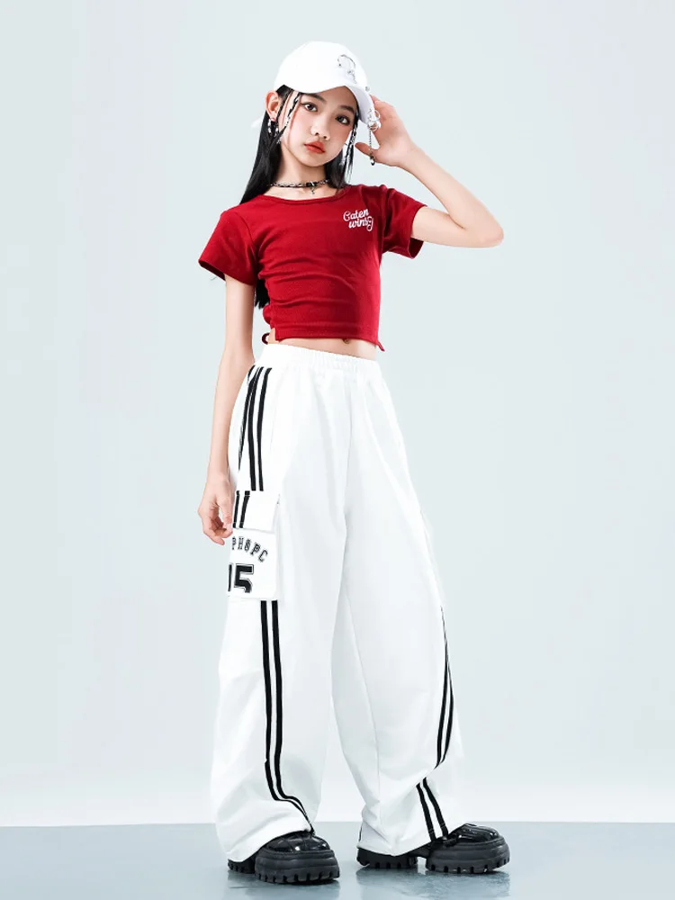 여자 힙합 세트 빨간 티셔츠 스트리트 댄스 블랙 느슨한 바지 소년 streetwear 어린이 볼룸 옷 어린이 재즈 의상