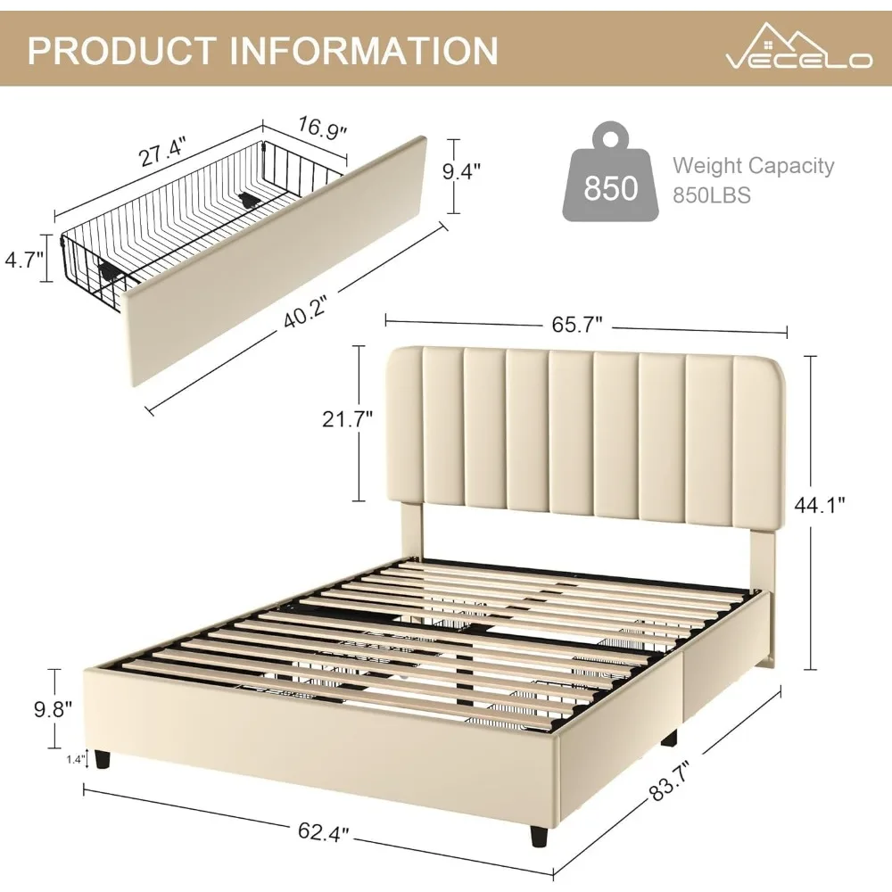 Upholstered Bed Frame with 4 Drawers and Adjustable Headboard, Velvet Platform Storage Bedframe Mattress Foundation