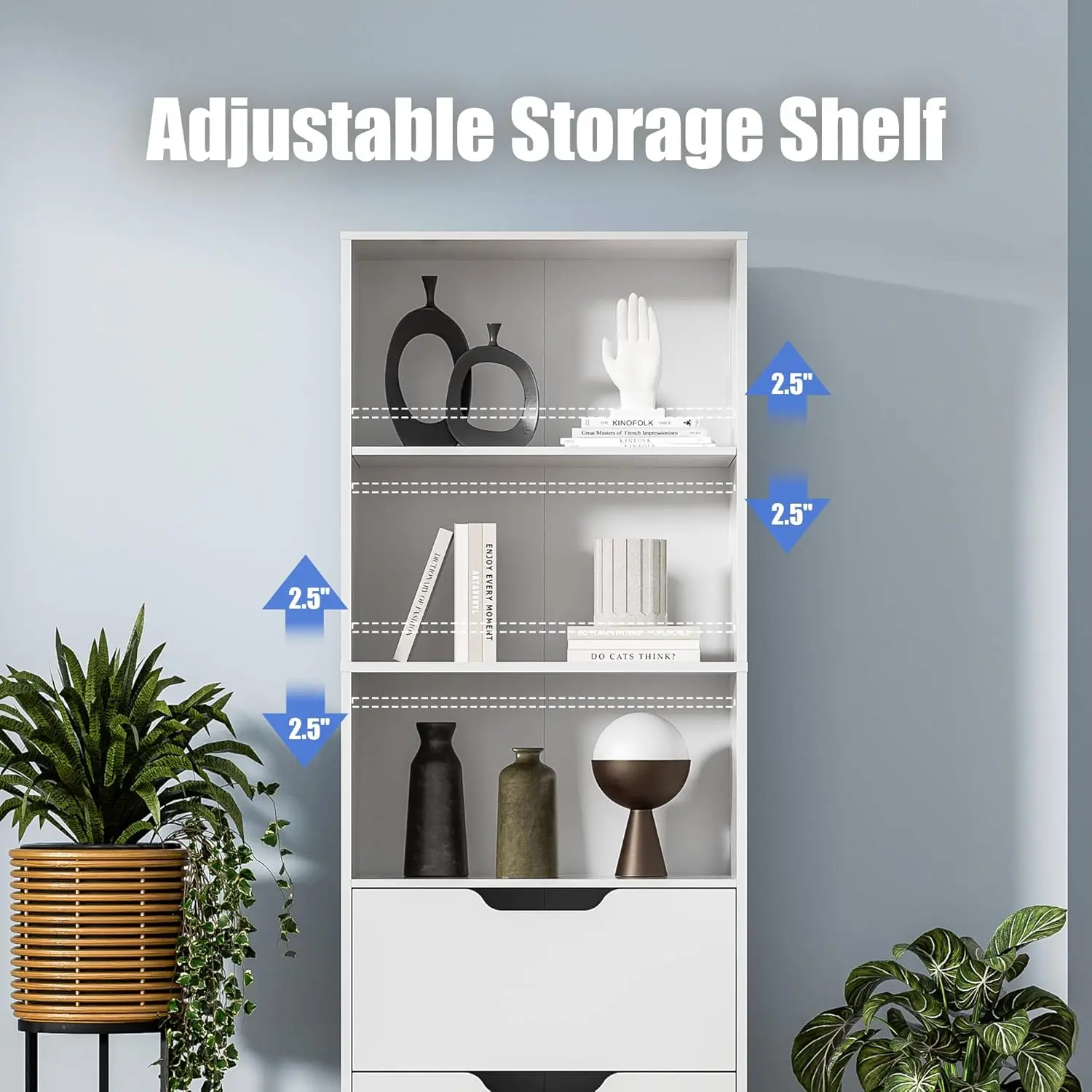 Bookcase With 2 Drawers, 63"" 3-Tier Bookshelf With Storage, 3 Shelf Bookcase With Adjustable Shelf, Modern Bookshelf, Open