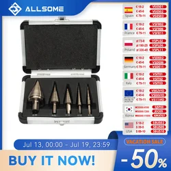 ALLSOME 5pcs Metric/Inch Hss Cobalt Step Drill Bit Set Multiple Hole 50 Sizes with Aluminum Case