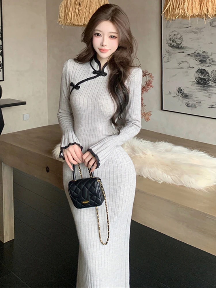 

Women's Vintage Y2K Chinese Grey Vertical Striped Long-sleeve Knit Bodycon Dress Mermaid Chic Inner Layer Winter Coat With Skirt