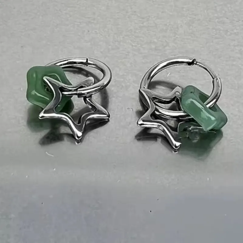 Personality Pentagonal Star Drop Dangle Earrings for Women Girl Vintage Charm Green Opal Hoop Earring Hip Hop Rock Jewelry Gift
