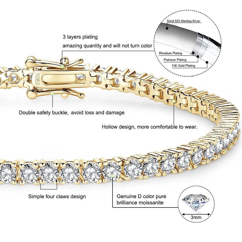 

Anziw 925 Sterling Silver Plated 14K Gold Tennis Bracelet 3mm 5mm D VVS1 Round Moissanite Bracelets for Women Men Couples Gifts