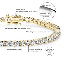 Anziw 925 Sterling Silver Plated 14K Gold Tennis Bracelet 3mm 5mm D VVS1 Round Moissanite Bracelets for Women Men Couples Gifts
