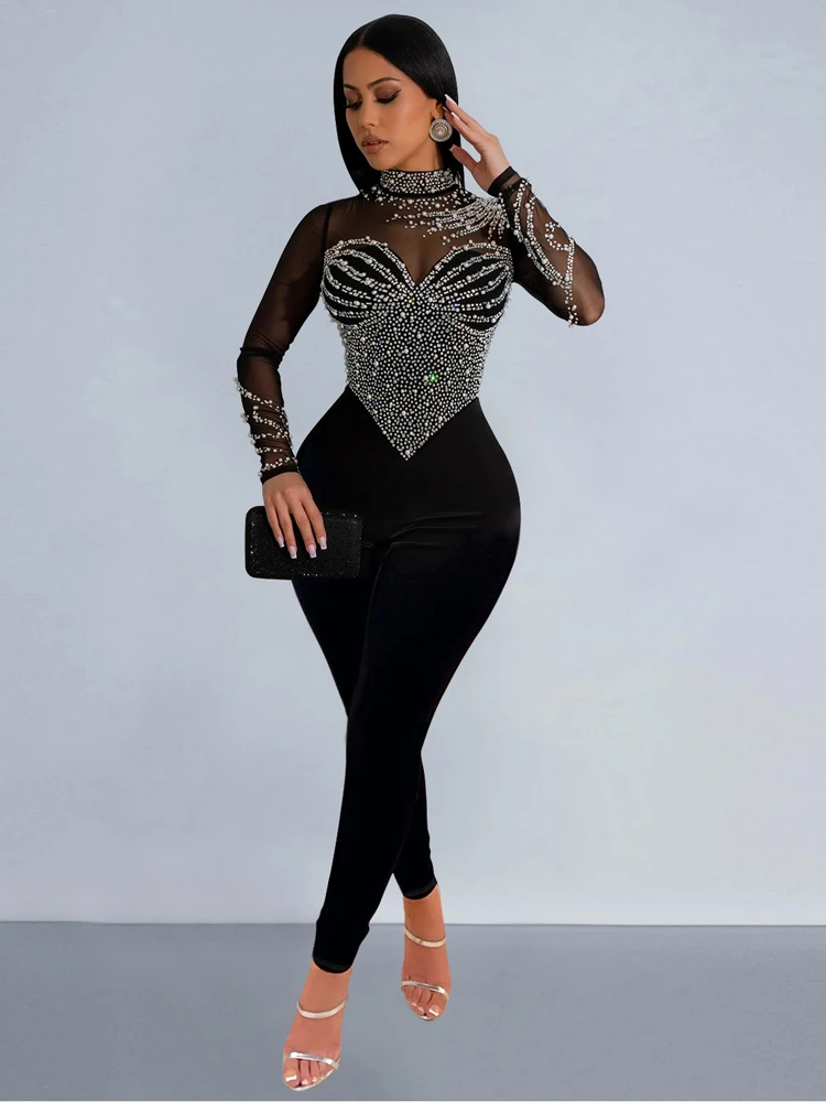 Long Sleeved Mesh Long Jumpsuit Women 2024 New Black Hot Diamond Half High Neck Bodysuit Solid Color Elegant Women's Clothing