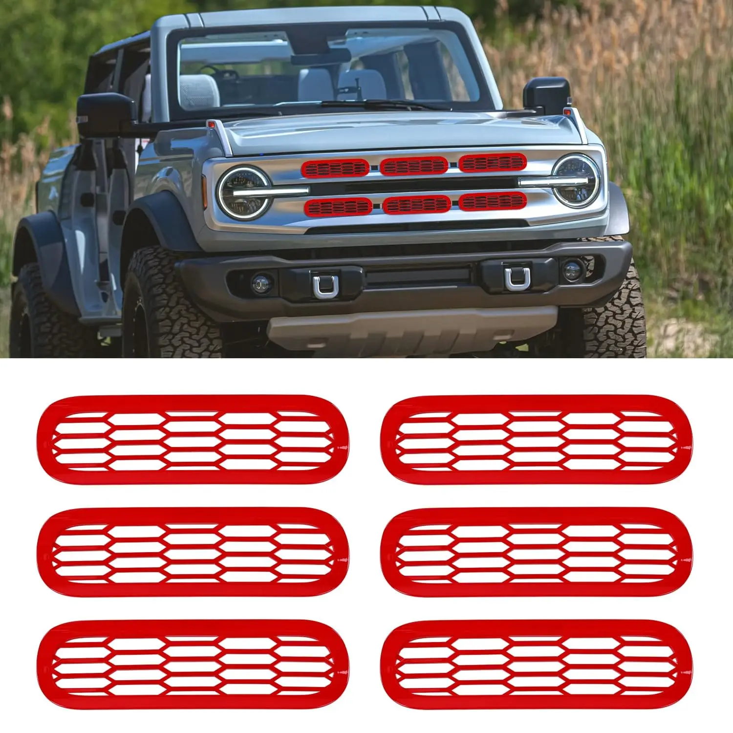 

Red Mesh Grille Inserts For Off-Road Vehicle Front Bumper Clip-On Decor 2021-2025 2/4 Door