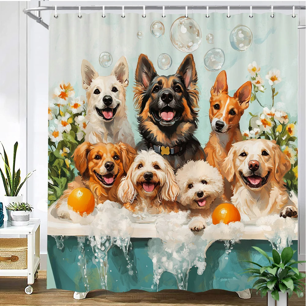 

3D Cartoon cute bathing dogs printed shower curtain polyester fabric bathroom curtain home decoration curtain with hooks