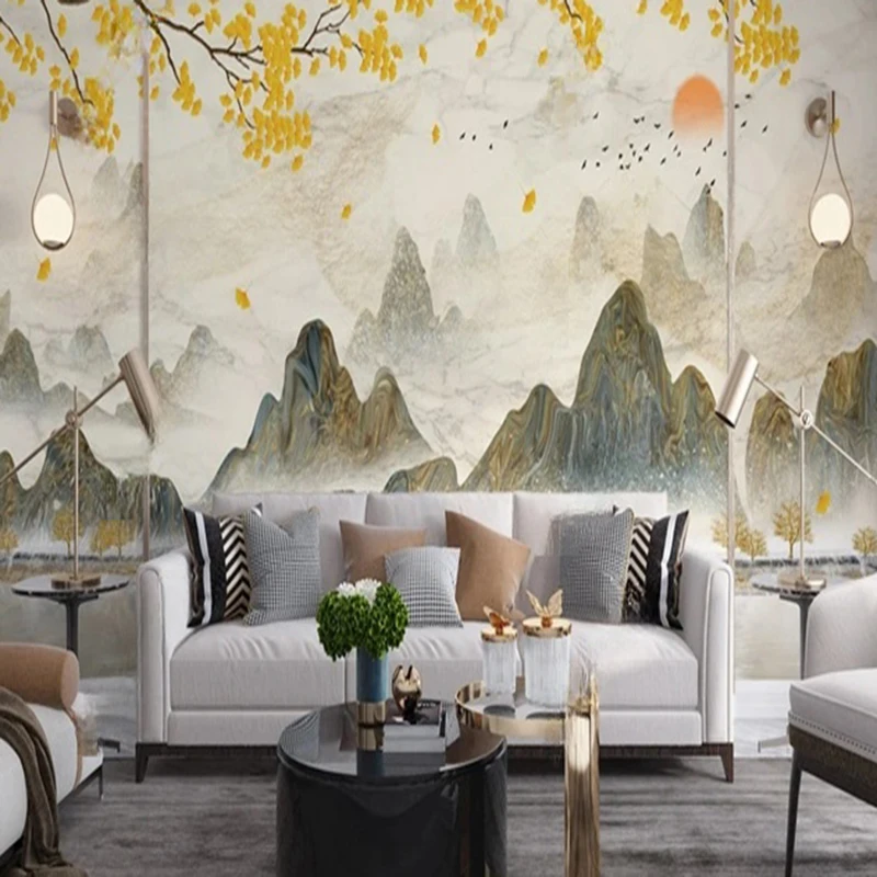 New Chinese Style Custom Mural Home Decor Wallpaper Hand-painted Leaves Flowers Birds Landscape Ink Marble Background Painting